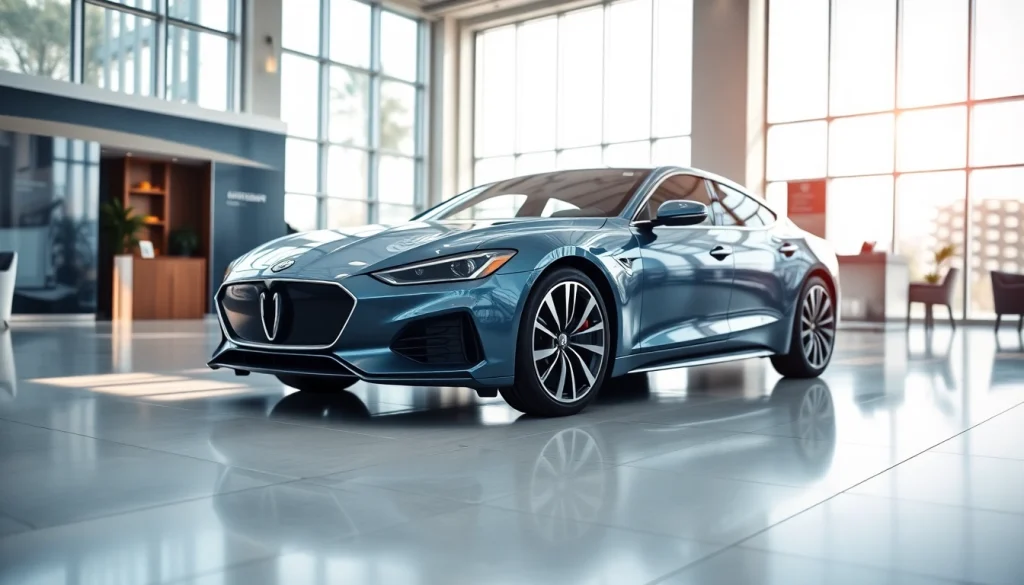 Showcase of a sleek, modern car symbolizing the perfect car experience in a luxurious showroom.