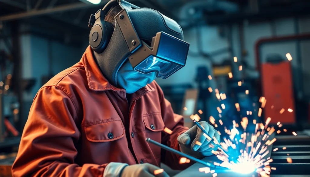 Welder demonstrating a welding jacket while working, showcasing its safety features.