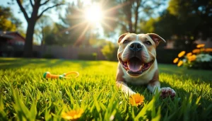 Happy pit bull enjoying a clean yard thanks to Alamo Ranch poop scooper services.