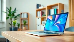 Ανακάλυψη εκ refurbished laptop σε έναν μοντέρνο γραφειακό χώρο με προσεγμένα στοιχεία.