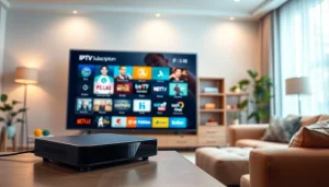 Engaging TV display showcasing IPTV Subscription USA with various channels available in a modern setting.