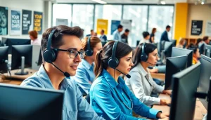 Agents excelling in call center services by delivering quality support in a vibrant office setting.