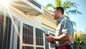 Providing HVAC services Los Angeles with a professional technician inspecting an air conditioning unit outdoors.