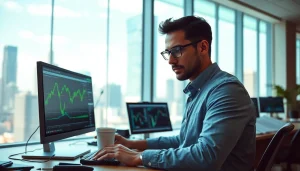 Stock picker evaluating stock data with financial charts in a modern office environment.