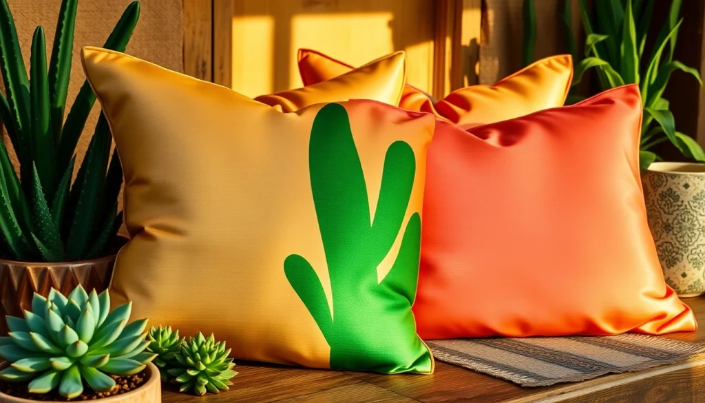 Showcase of beautiful cactus silk pillows with vibrant textures and colors, perfect for home decor.