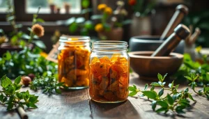Discover Benjoin resin's beauty in a herbalist's workspace filled with fresh botanicals.