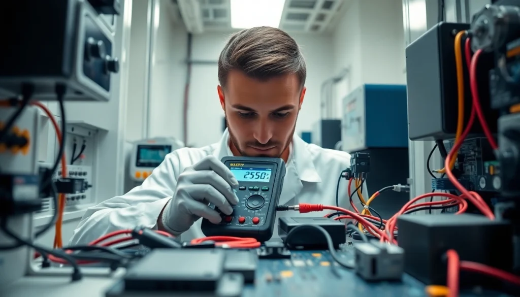 Technician conducting Electrical Testing on circuit boards with high-tech instruments in a laboratory.