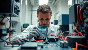 Technician conducting Electrical Testing on circuit boards with high-tech instruments in a laboratory.
