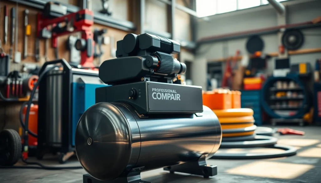 Showcasing a CompAir compressor in a professional workshop setting demonstrating its reliability and sturdy design.