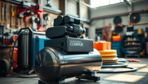 Showcasing a CompAir compressor in a professional workshop setting demonstrating its reliability and sturdy design.