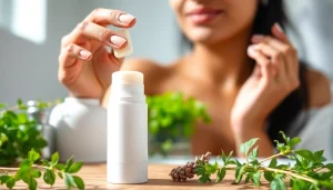 Applying the best native deodorant in a serene, nature-inspired bathroom setting.