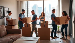 Queens movers showcasing teamwork while packing and lifting furniture in a vibrant New York City apartment.