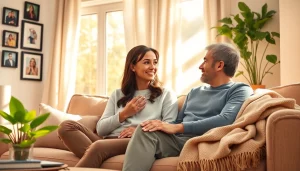 Couples engaging in meaningful communication in relationships while surrounded by warm home decor.