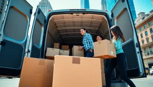 Man and van Moving service with professional movers loading a van in a city setting.