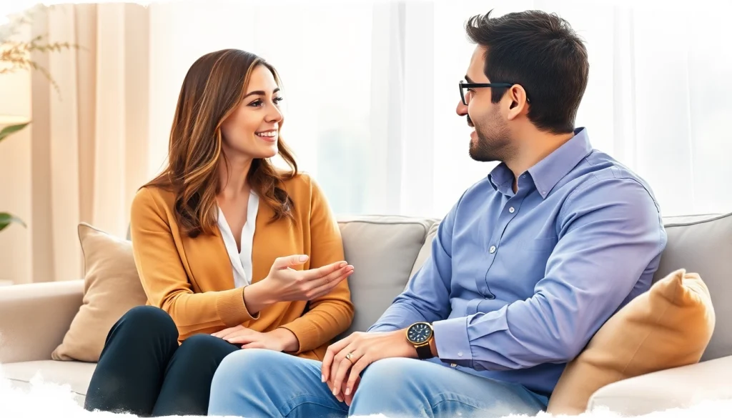 Couple demonstrating communication in relationships with empathy in a cozy living room.