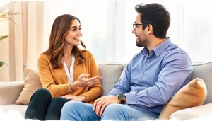 Couple demonstrating communication in relationships with empathy in a cozy living room.