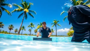 Engaging swimming pool service Pinellas County scene with technician performing maintenance on a crystal clear pool.