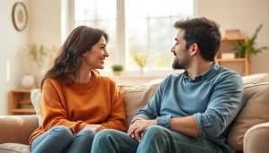 Couple communicating in relationships with warmth and openness in a cozy living room.