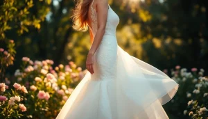 Admire the exquisite mermaid wedding dresses showcasing elegance and intricate details in a sunny garden setting.