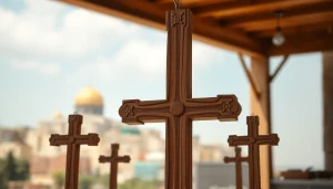 Admire the beautifully crafted Jerusalem crosses surrounded by the serene backdrop of Jerusalem.