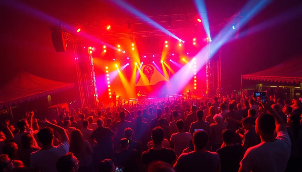 Experience the lively atmosphere of 汽水音乐官网, showcasing a vibrant music festival with colorful lights and an energetic crowd.