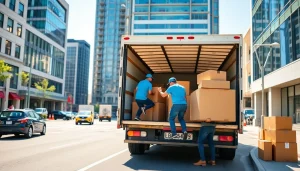 Queens movers efficiently packing a truck during a local move in an urban setting.