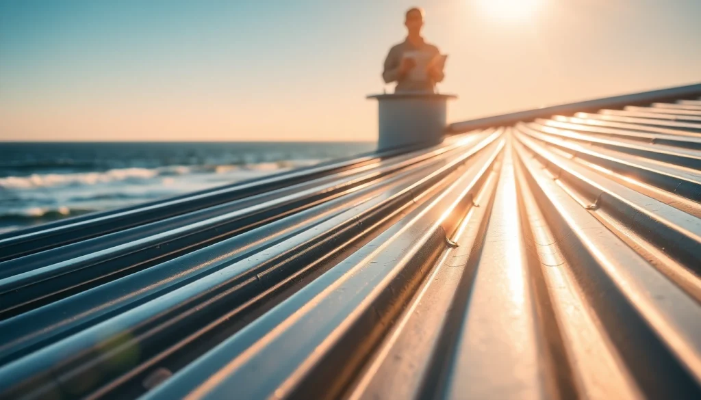 Installing coastal metal roofing featuring shiny panels against a seaside backdrop.