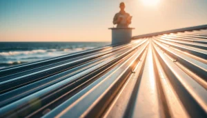 Installing coastal metal roofing featuring shiny panels against a seaside backdrop.