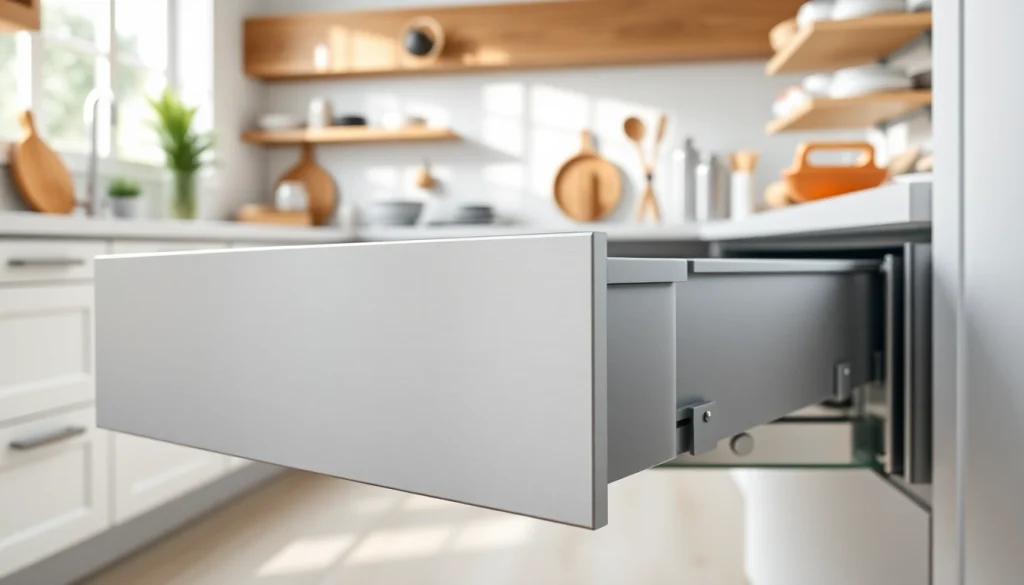 Showcase the Double wall drawer system in a modern kitchen with a sleek design and soft-close feature.