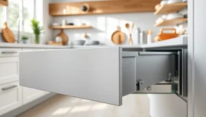 Showcase the Double wall drawer system in a modern kitchen with a sleek design and soft-close feature.