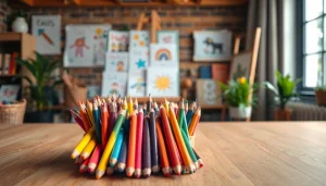 Kids colouring pencils displayed on a wooden table, inviting playful creativity and artistic expression.