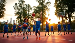 Young basketball enthusiasts enjoying a practice session outdoors with a vibrant sunset backdrop.