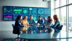 Managed IT provider team collaborating in a modern office showcasing technology solutions.