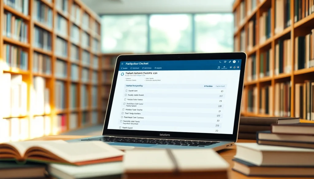 Analyze results from a plagiarism checker on a laptop in a library setting.