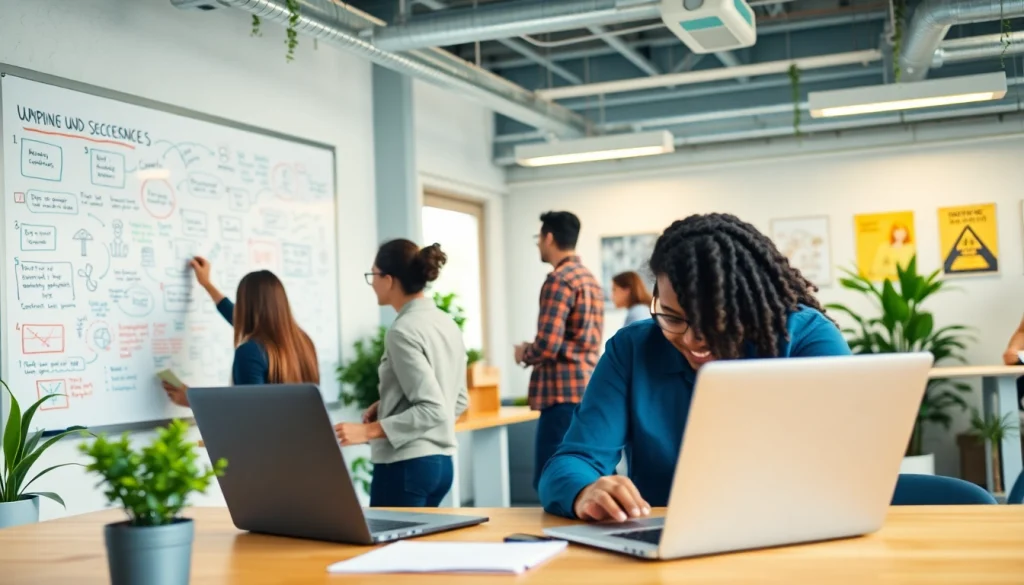 Launchsuccessfulstartup scene of diverse entrepreneurs collaborating in a vibrant office environment.