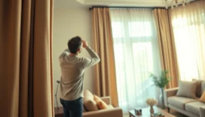 Curtain fitters skillfully installing elegant curtains in a cozy living room.