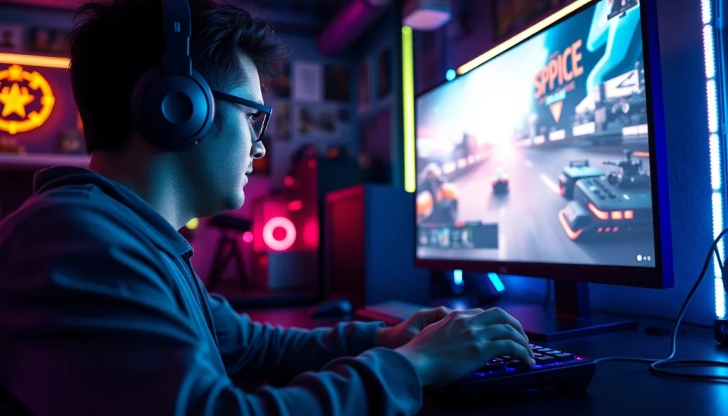 Gamer using dma cheats for competitive advantage in a vibrant gaming setup.