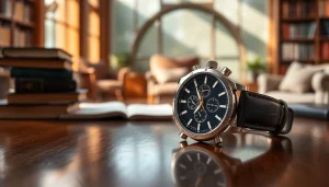 Herren Armbanduhren elegant präsentiert auf einem Tisch mit warmem Licht und luxuriösem Hintergrund.