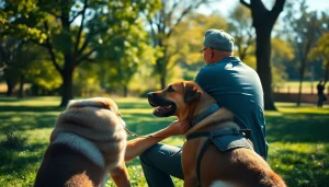 PTSD service dogs providing comfort and support to a veteran in a peaceful park environment.