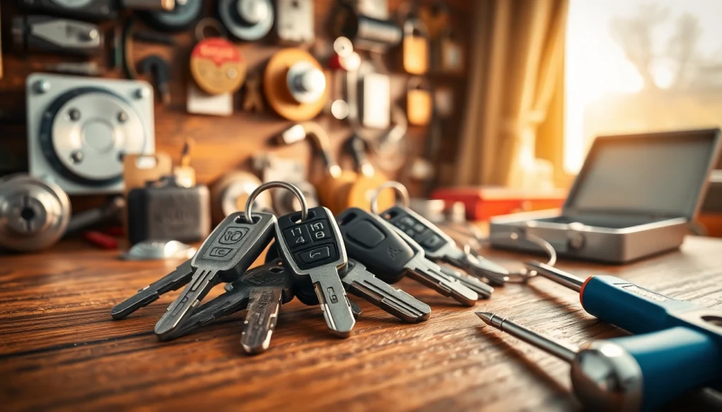 Discover intricate van keys and lock mechanisms artfully arranged on a wooden surface.