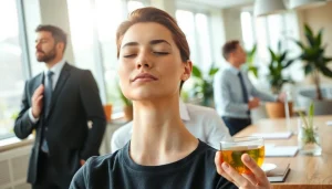 Practicing techniques for dealing with stress in a serene office environment.