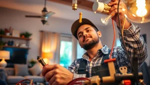 Electrician installing lighting fixtures with professional tools in a cozy setting.
