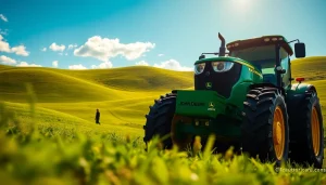 John Deere Traktor im Einsatz auf einem landwirtschaftlichen Feld mit frischem Gras.