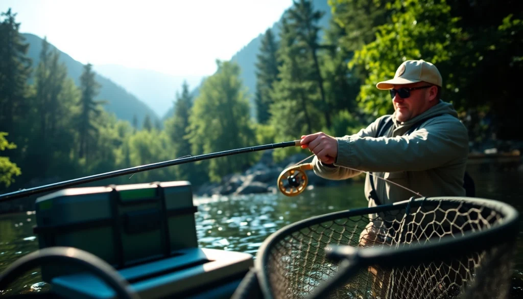 Engaging in fly fishing lessons near me, a seasoned angler casts in a tranquil river.
