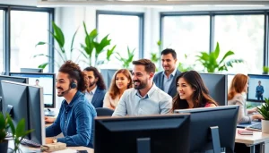 Illustration of Best Outsourced Customer Service with a collaborative team in a bright office.