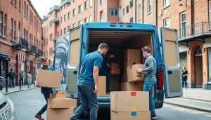 Moving companies East London professionals loading boxes into a van on a busy city street.