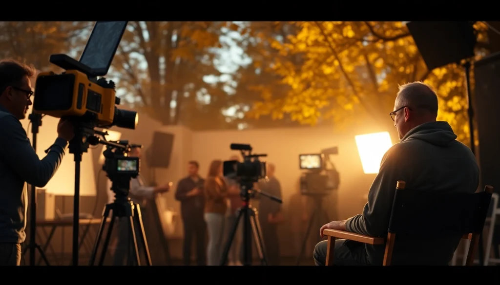 영상제작 crew actively filming a scene with professional equipment and vibrant lighting setup.