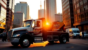 Tow Truck Service in Toronto displayed on a sleek tow truck amidst a bustling street scene in the city.