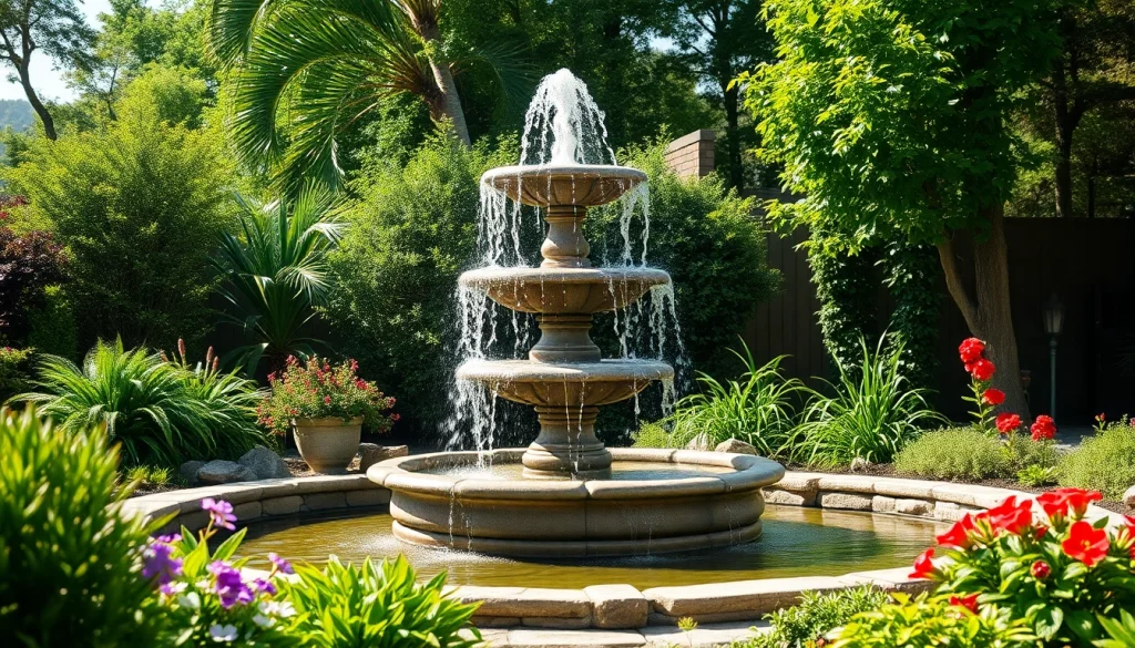 Schöner gartenbrunnen mit Wasserfall im blühenden Garten.