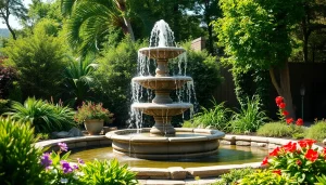 Schöner gartenbrunnen mit Wasserfall im blühenden Garten.